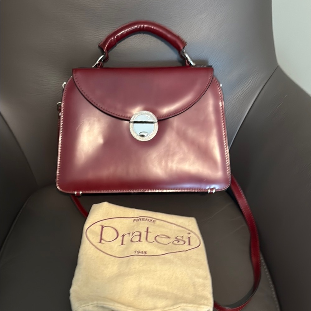 Pratesi Leather Satchel with Structured Italian Design and Silver Metal Clasp.